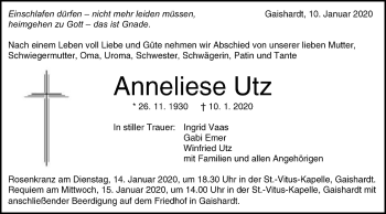 Traueranzeige von Anneliese Utz