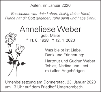 Traueranzeige von Anneliese Weber von Schwäbische Post