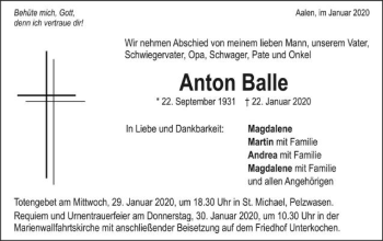 Traueranzeige von Anton Balle von Schwäbische Post
