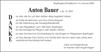 Traueranzeige von Anton Bauer von Schwäbische Post