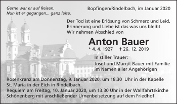Traueranzeige von Anton Bauer von Schwäbische Post