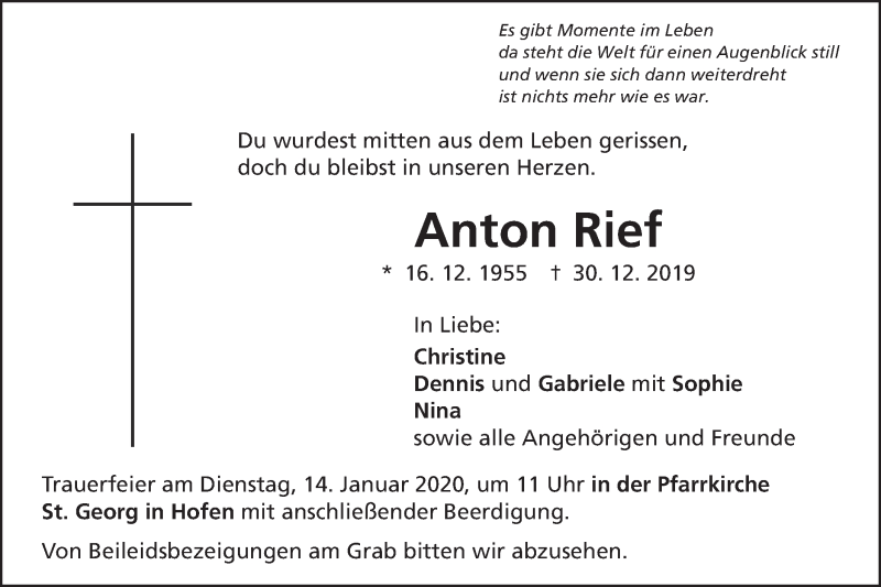  Traueranzeige für Anton Rief vom 11.01.2020 aus Schwäbische Post