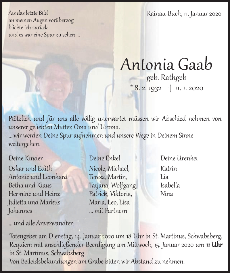  Traueranzeige für Antonia Gaab vom 14.01.2020 aus Schwäbische Post