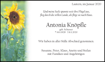 Traueranzeige von Antonia Knöpfle von Gmünder Tagespost