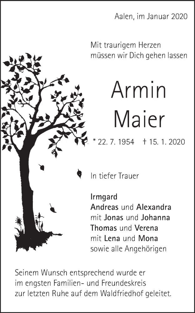 Traueranzeige für Armin Maier vom 23.01.2020 aus Schwäbische Post
