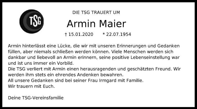  Traueranzeige für Armin Maier vom 23.01.2020 aus Schwäbische Post