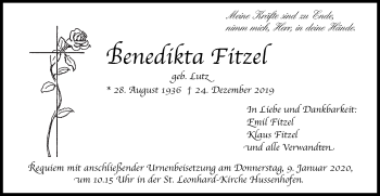 Traueranzeige von Benedikta Fitzel von Gmünder Tagespost