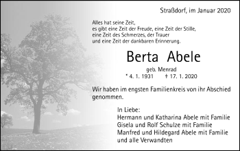 Traueranzeige von Berta Abele von Gmünder Tagespost