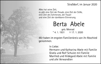 Traueranzeige von Berta Abele