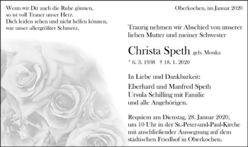 Traueranzeige von Christa Speth von Schwäbische Post