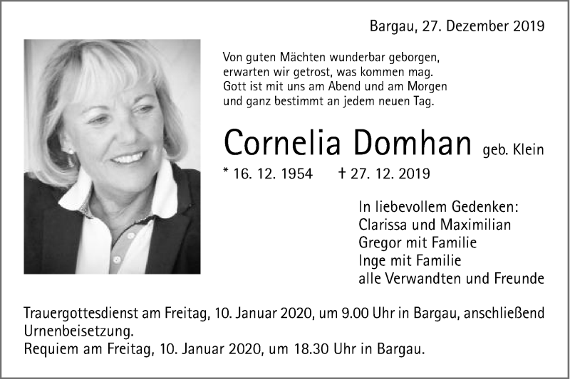  Traueranzeige für Cornelia Domhan vom 04.01.2020 aus Gmünder Tagespost