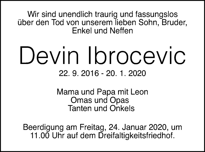  Traueranzeige für Devin Ibrocevic vom 23.01.2020 aus Gmünder Tagespost