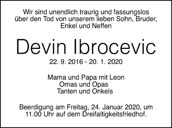 Traueranzeige von Devin Ibrocevic von Gmünder Tagespost