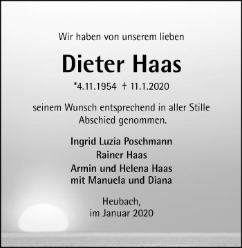 Traueranzeige von Dieter Haas von Gmünder Tagespost