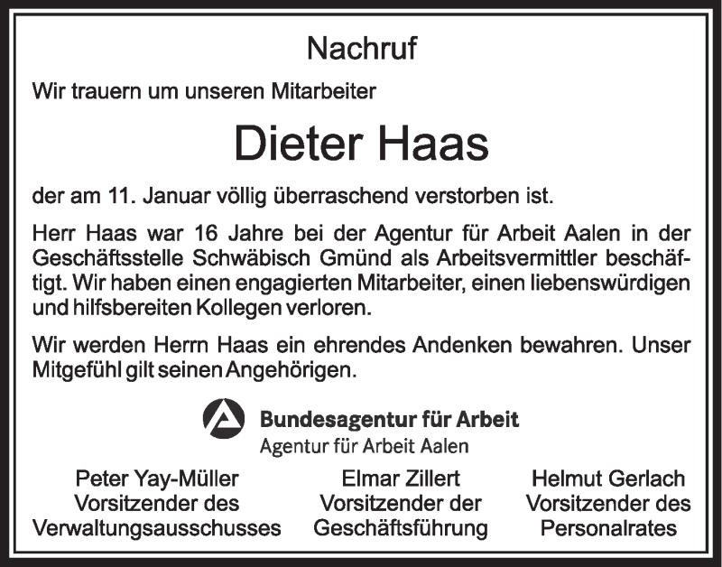 Traueranzeige für Dieter Haas vom 22.01.2020 aus Gmünder Tagespost