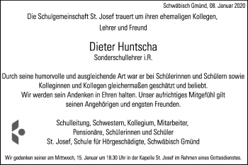 Traueranzeige von Dieter Huntscha von Gmünder Tagespost