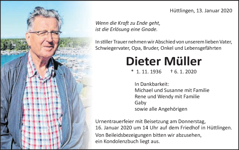  Traueranzeige für Dieter Müller vom 13.01.2020 aus Schwäbische Post