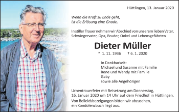 Traueranzeige von Dieter Müller von Schwäbische Post
