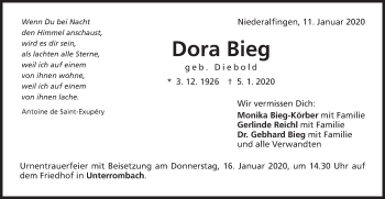 Traueranzeige von Dora Bieg von Schwäbische Post