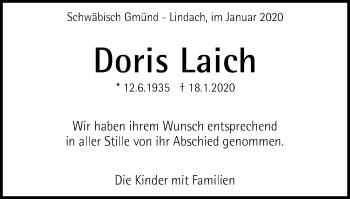 Traueranzeige von Doris Laich von Gmünder Tagespost