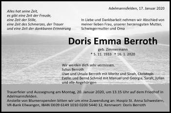 Traueranzeige von Doris Emma Berroth von Schwäbische Post