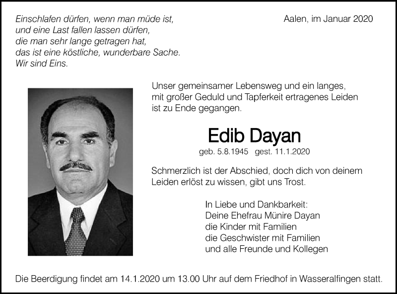 Traueranzeige für Edib Dayan vom 14.01.2020 aus Schwäbische Post