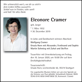 Traueranzeige von Eleonore Cramer von Gmünder Tagespost