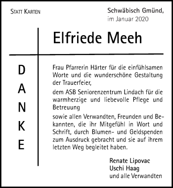 Traueranzeige von Elfriede Meeh von Gmünder Tagespost