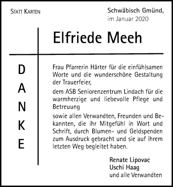 Traueranzeige von Elfriede Meeh