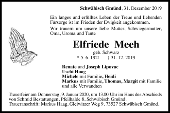 Traueranzeige von Elfriede Meeh von Gmünder Tagespost
