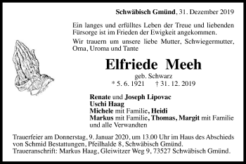 Traueranzeige von Elfriede Meeh