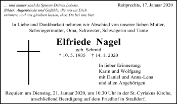 Traueranzeige von Elfriede Nagel von Gmünder Tagespost