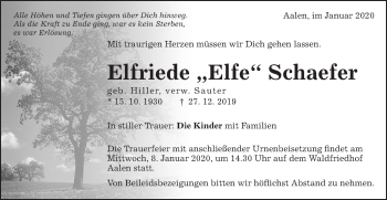 Traueranzeige von Elfriede Schaefer von Schwäbische Post