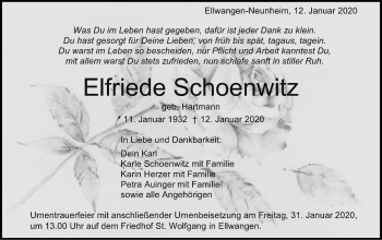 Traueranzeige von Elfriede Schoenwitz von Schwäbische Post