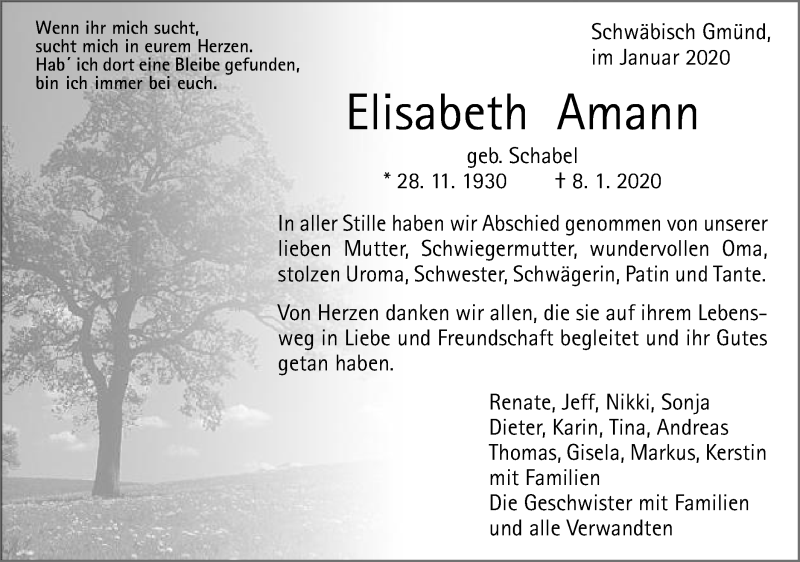  Traueranzeige für Elisabeth Amann vom 18.01.2020 aus Gmünder Tagespost
