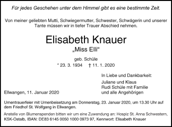 Traueranzeige von Elisabeth Knauer von Schwäbische Post