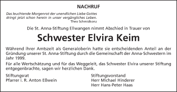 Traueranzeige von Elvira Keim von Schwäbische Post