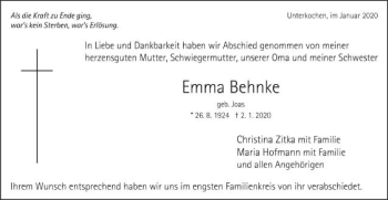 Traueranzeige von Emma Behnke von Schwäbische Post
