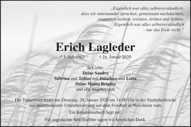  Traueranzeige für Erich Lagleder vom 25.01.2020 aus Schwäbische Post