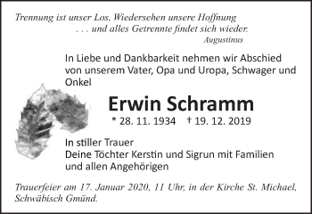 Traueranzeige von Erwin Schramm von Gmünder Tagespost