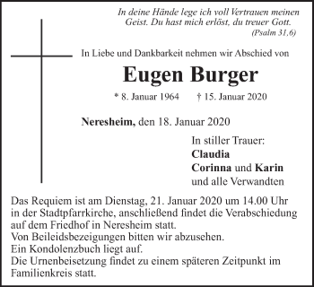Traueranzeige von Eugen Burger von Schwäbische Post