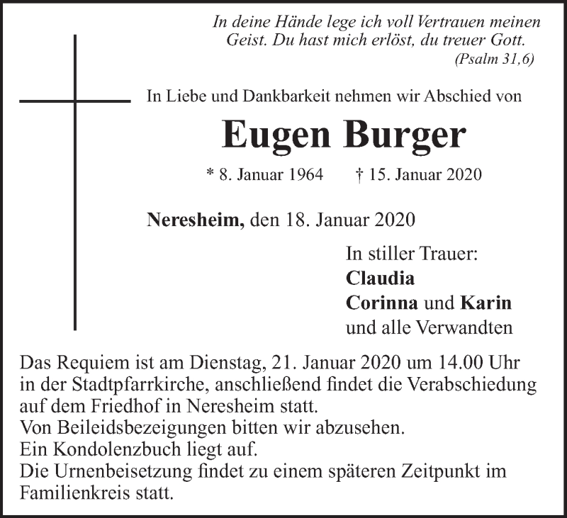  Traueranzeige für Eugen Burger vom 18.01.2020 aus Schwäbische Post