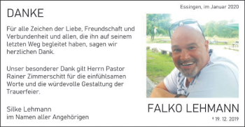 Traueranzeige von Falko Lehmann von Schwäbische Post
