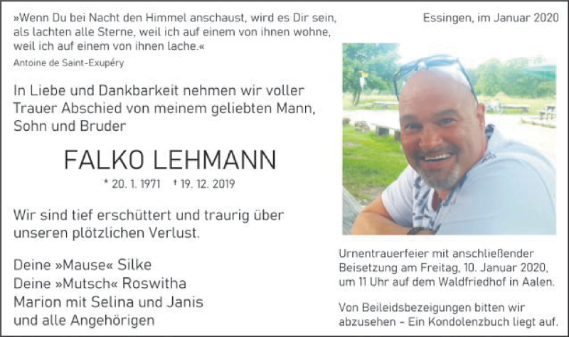  Traueranzeige für Falko Lehmann vom 08.01.2020 aus Schwäbische Post