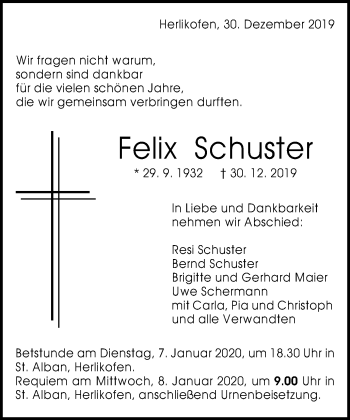 Traueranzeige von Felix Schuster von Gmünder Tagespost
