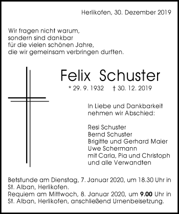 Traueranzeige von Felix Schuster