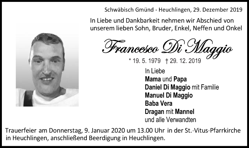  Traueranzeige für Francesco Di Maggio vom 04.01.2020 aus Gmünder Tagespost