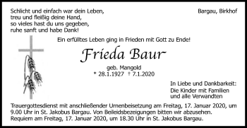 Traueranzeige von Frieda Baur von Gmünder Tagespost