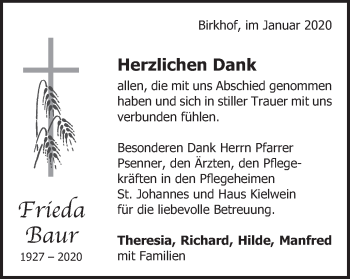 Traueranzeige von Frieda Baur von Gmünder Tagespost