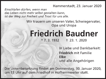 Traueranzeige von Friedrich Baudner von Schwäbische Post